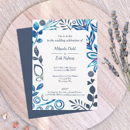 Convites Casamento com Moldura de Padrão Floral Azul e Cinz