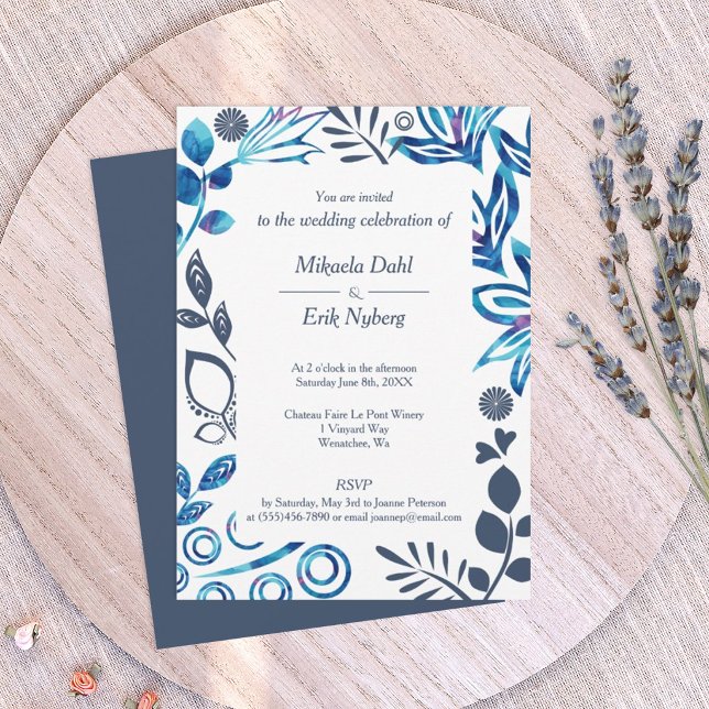 Convites Casamento com Moldura de Padrão Floral Azul e Cinz (vibrant blue and navy blue floral frame wedding invitation template, blue-gray, slate blue)