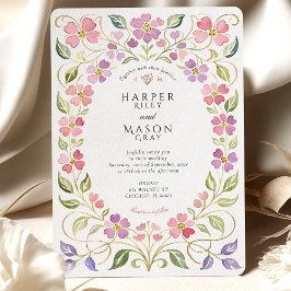Convites Casamento com Moldura de Pétalas Florais Rosa e Ro