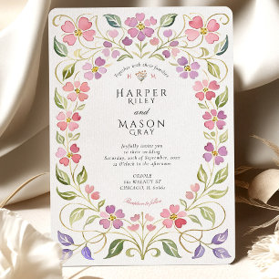 Convites Casamento com Moldura de Pétalas Florais Rosa e Ro