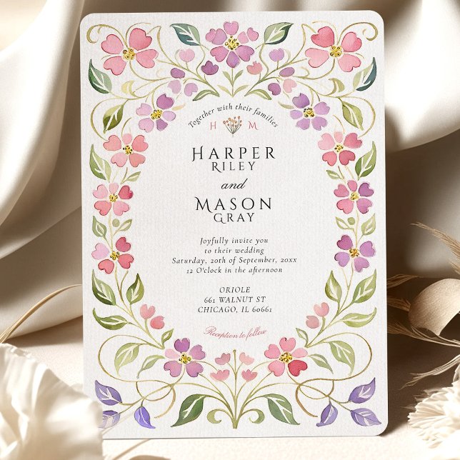 Convites Casamento com Moldura de Pétalas Florais Rosa e Ro (Criador carregado)