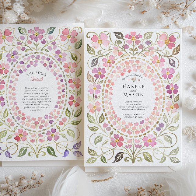 Convites Casamento com Moldura de Pétalas Florais Rosa e Ro (Criador carregado)