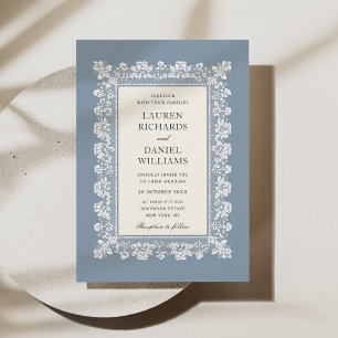 Convites Casamento com Moldura de Renda Azul Francês