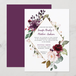 Convites Casamento com Moldura de Roxo e Floral Vermelho
