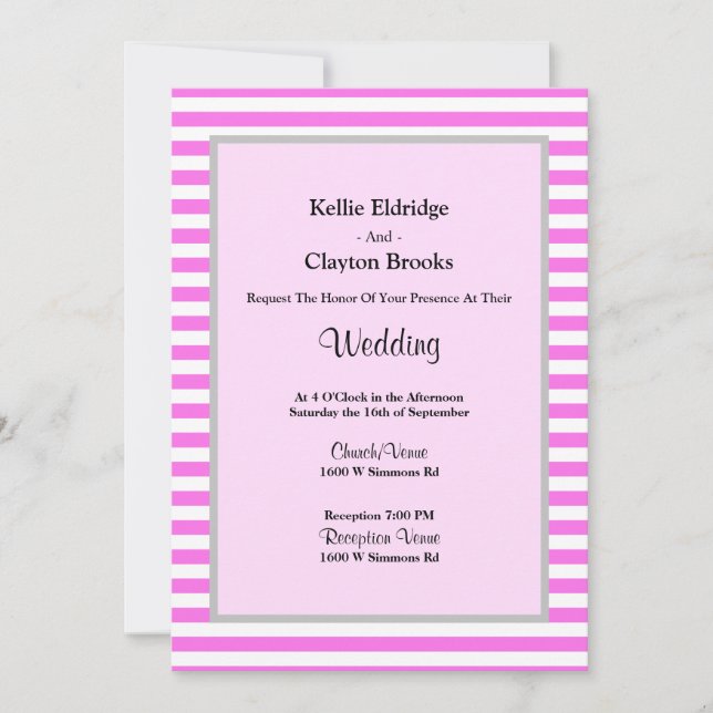 Convites Casamento com Moldura de Stripes Rosa/Branca (Frente)