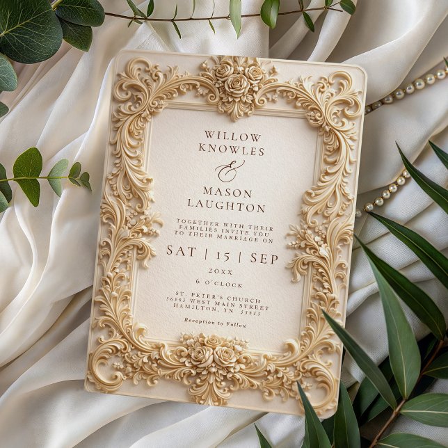 Convites Casamento com Moldura Dourada Barroca Elegante (Elegant Baroque Gold Frame Wedding Invitation)
