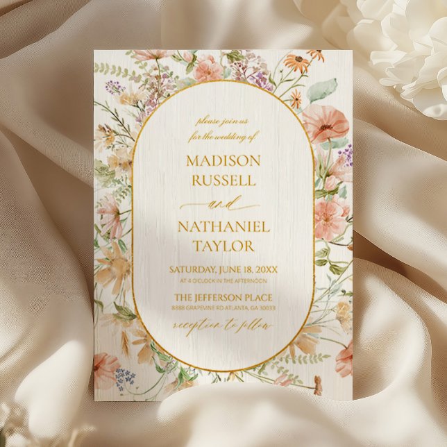 Convites Casamento com Moldura Dourada de Prado Floral de F (Criador carregado)