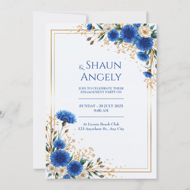 Convites Casamento com Moldura Dourada e Centáurea Azul Rea (Frente)