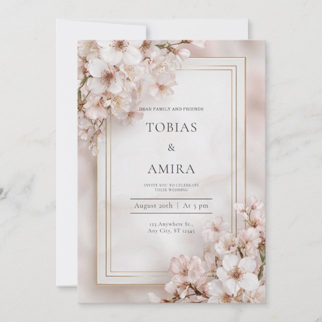 Convites Casamento com Moldura Dourada e Flor de Cerejeira  (Frente)