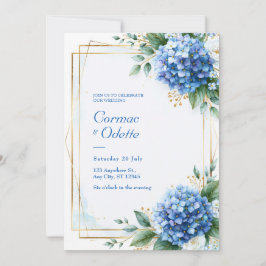 Convites Casamento com Moldura Dourada e Hortênsia Azul