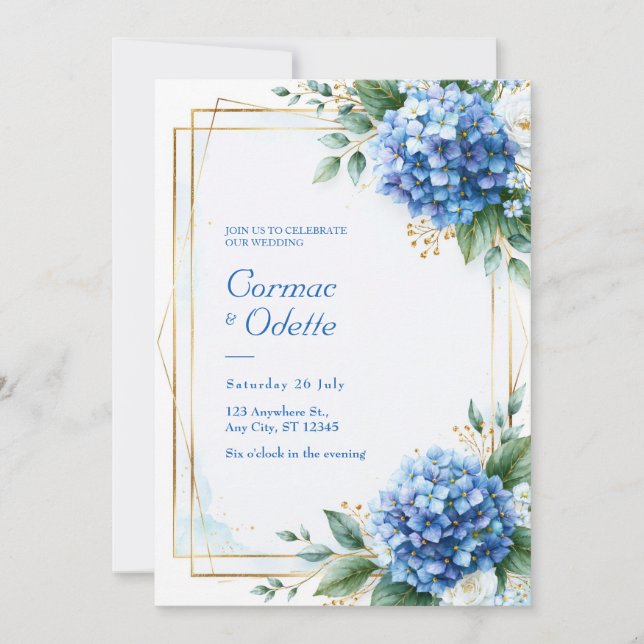 Convites Casamento com Moldura Dourada e Hortênsia Azul (Frente)