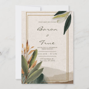 Convites Casamento com Moldura Dourada e Vegetação Outonal 
