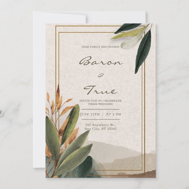 Convites Casamento com Moldura Dourada e Vegetação Outonal  (Frente)