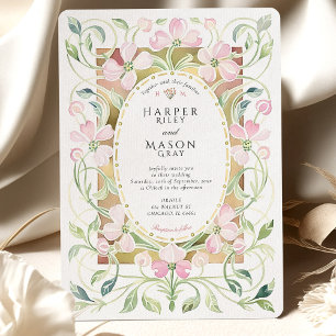 Convites Casamento com Moldura Dourada Floral Rosa Art Nouv