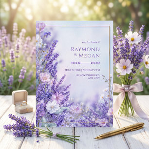 Convites Casamento com Moldura Dourada Lavanda Romântica Fl