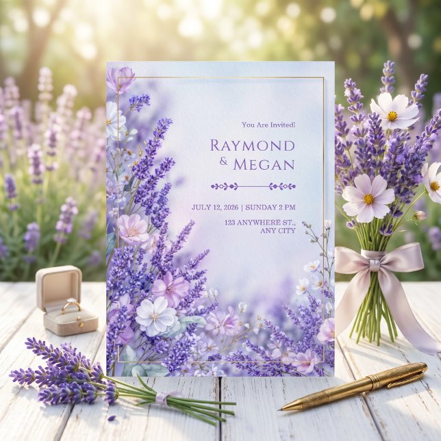 Convites Casamento com Moldura Dourada Lavanda Romântica Fl (Criador carregado)