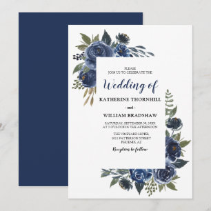 Convites Casamento com Moldura Floral Azul Elegante