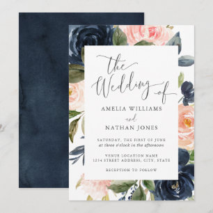Convites Casamento com Moldura Floral Azul Marinho