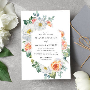 Convites Casamento com Moldura Floral Branca e de Pêssego e