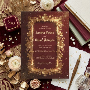 Convites Casamento com Moldura Floral Burgundy & Ouro Elega