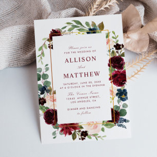 Convites Casamento com moldura floral, cor d'água, sangran