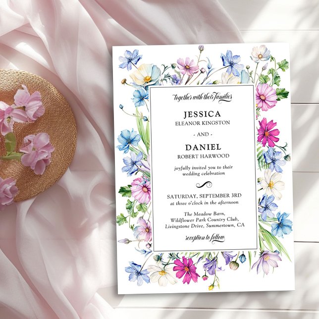 Convites Casamento com Moldura Floral do Jardim de Flores (Wildflower Garden Wedding Invitation by Darling & May)