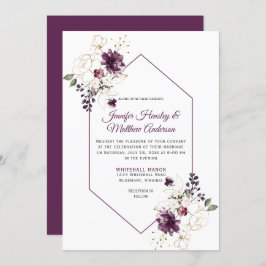 Convites Casamento com Moldura Floral Dourada e Roxo Elegan