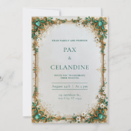 Convites Casamento com Moldura Floral Dourada Joia Esmerald