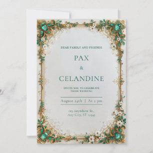 Convites Casamento com Moldura Floral Dourada Joia Esmerald