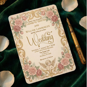 Convites Casamento com Moldura Floral Rococó e Querubim Vit