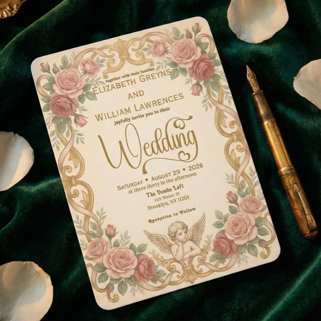 Convites Casamento com Moldura Floral Rococó e Querubim Vit (Criador carregado)