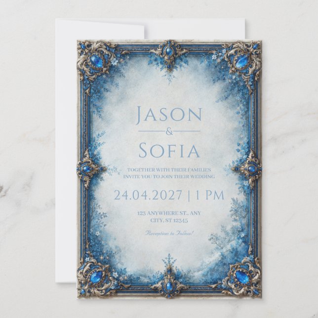 Convites Casamento com Moldura Floral Safira (Frente)
