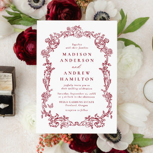 Convites Casamento com Moldura Floral Vitoriana em Borgonha