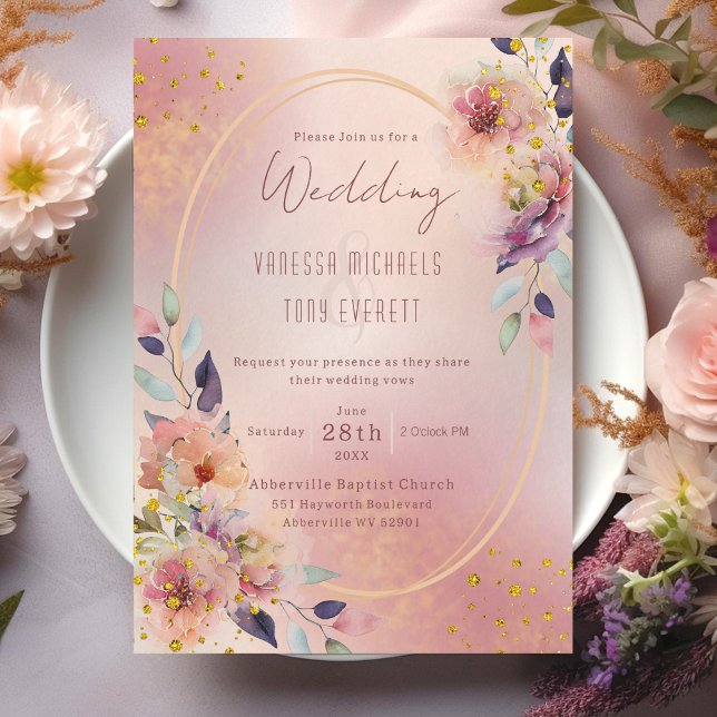 Convites Casamento com Moldura Geométrica Oval Floral Rosa  (Elegant Pink Floral Oval Geometric Frame Wedding Invitation)