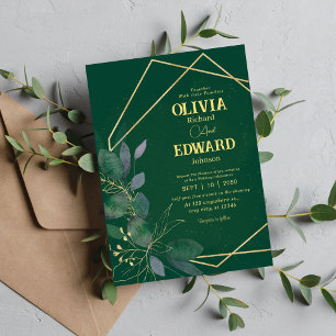 Convites Casamento com moldura geométrica verde e folhas de