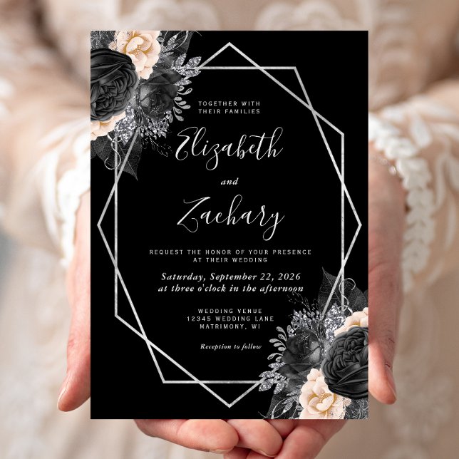 Convites Casamento com Moldura Prata Floral Preta Pêssego (Criador carregado)