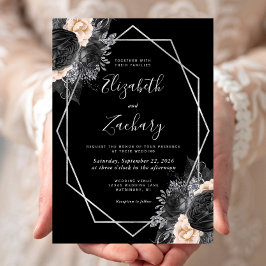 Convites Casamento com Moldura Prata Floral Preta Pêssego