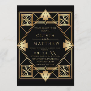 Convites Casamento com Moldura Preto Dourado Art Deco