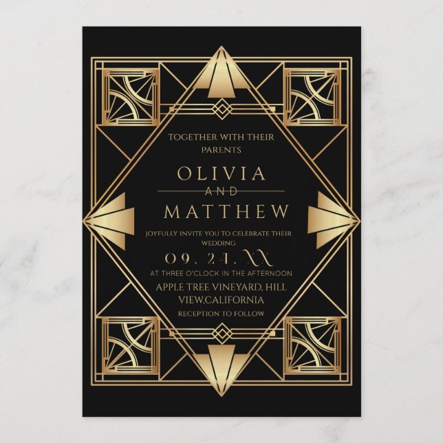 Convites Casamento com Moldura Preto Dourado Art Deco (Frente)