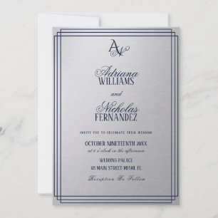Convites Casamento com Monograma Azul Prata de Luxo