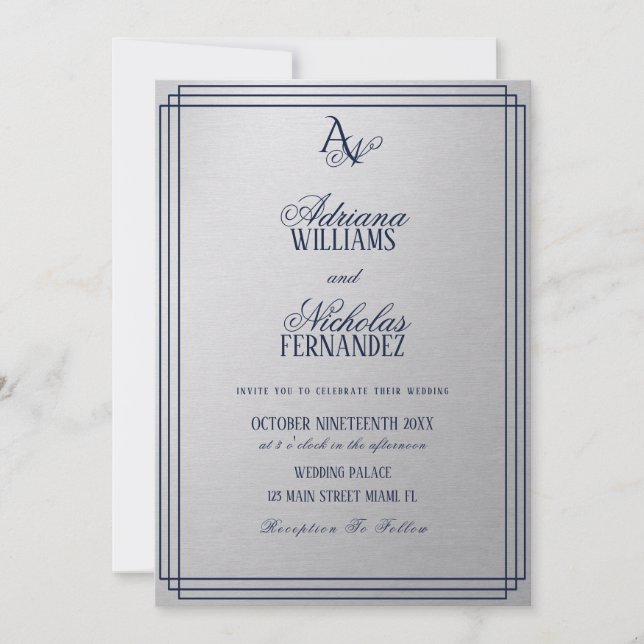 Convites Casamento com Monograma Azul Prata de Luxo (Frente)