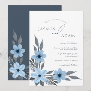 Convites Casamento com Monograma Botânico Azul Elegante