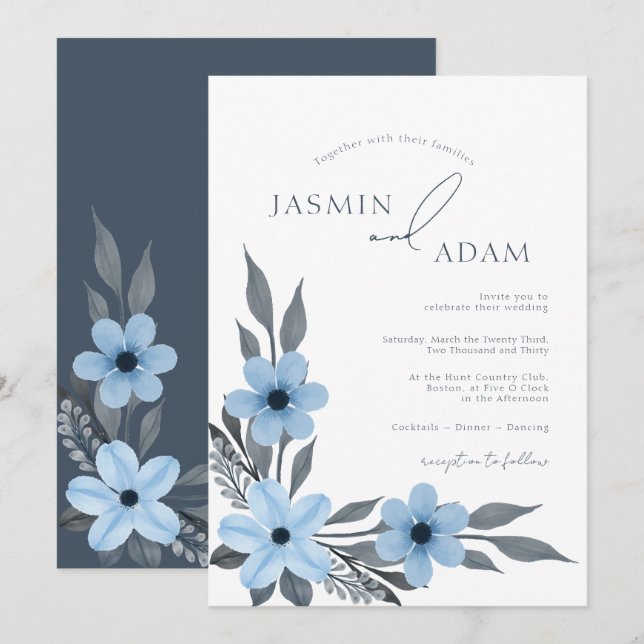 Convites Casamento com Monograma Botânico Azul Elegante (Frente/Verso)