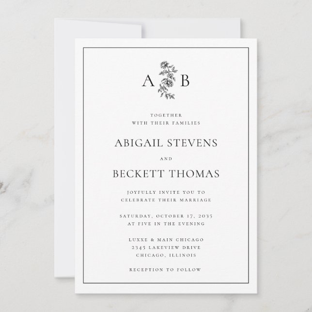 Convites Casamento com Monograma Botânico Elegante (Frente)
