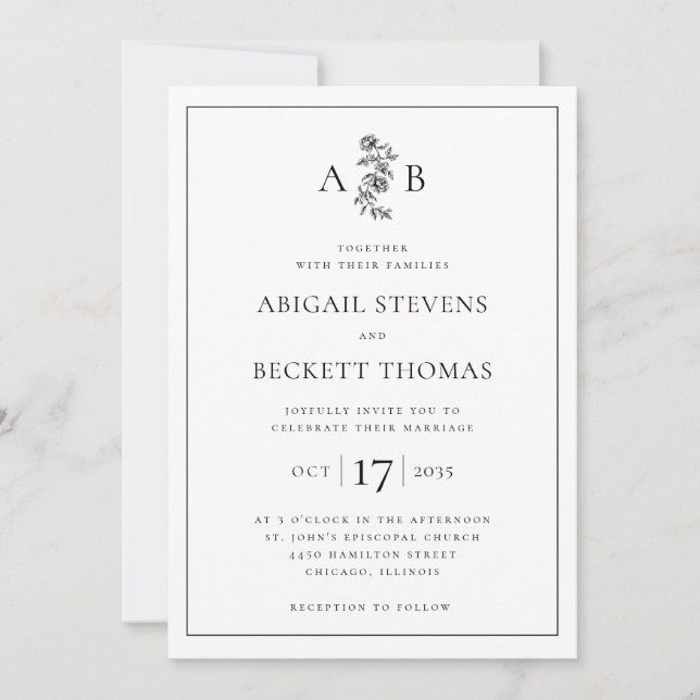 Convites Casamento com Monograma Botânico Elegante (Frente)