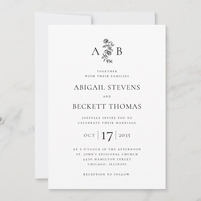 Convites Casamento com Monograma Botânico Elegante (Frente)