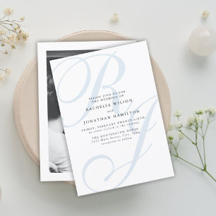 Convites Casamento com Monograma Branco Azul Elegante e Emp
