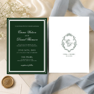 Convites Casamento com Monograma Classic Crest Verde Esmera