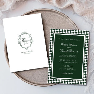 Convites Casamento com Monograma Clássico em Verde Esmerald