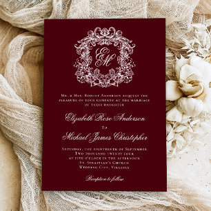Convites Casamento com Monograma Crest Vintage Burgundy Ele